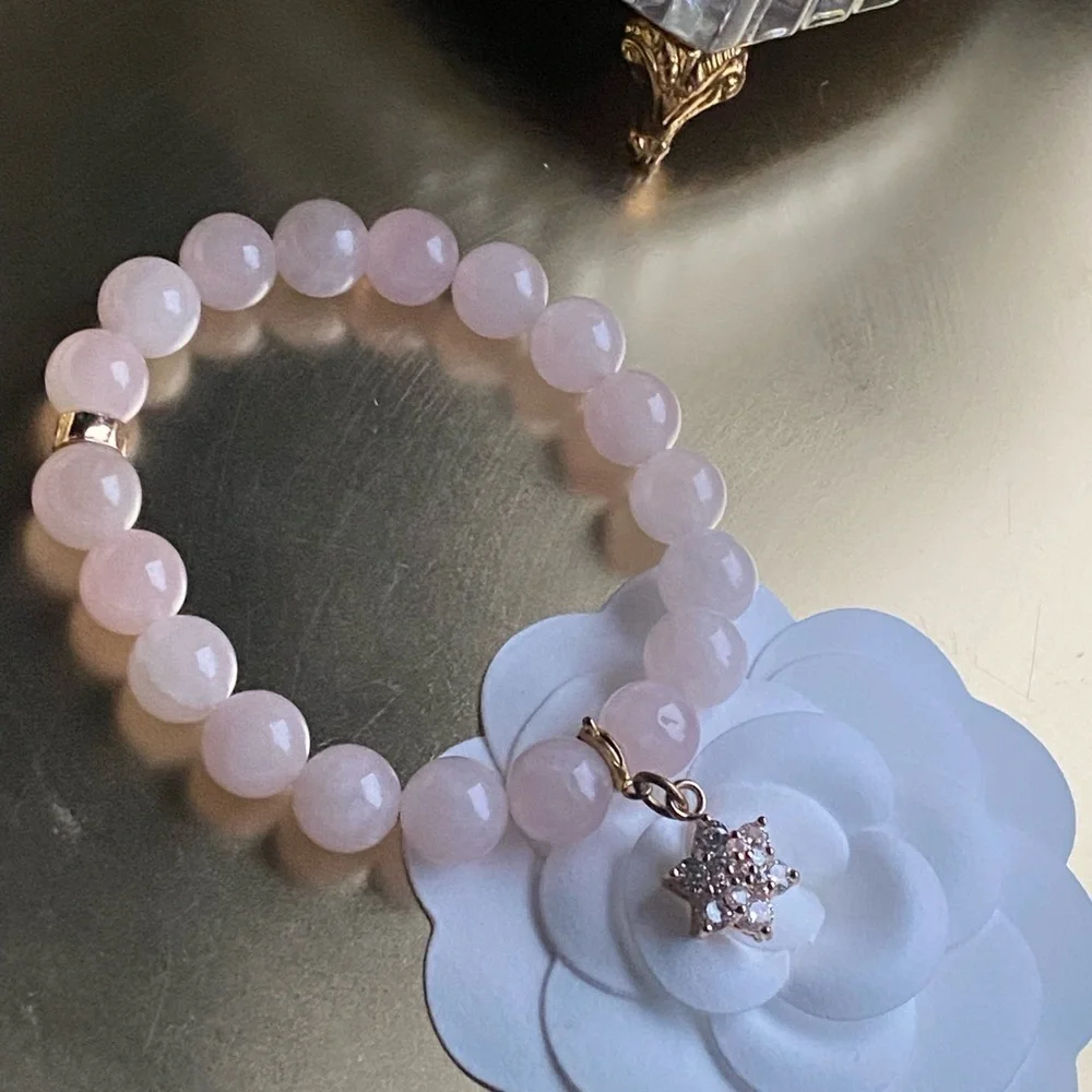 Genuine rose Quartz bracelet with removable flower charm_10